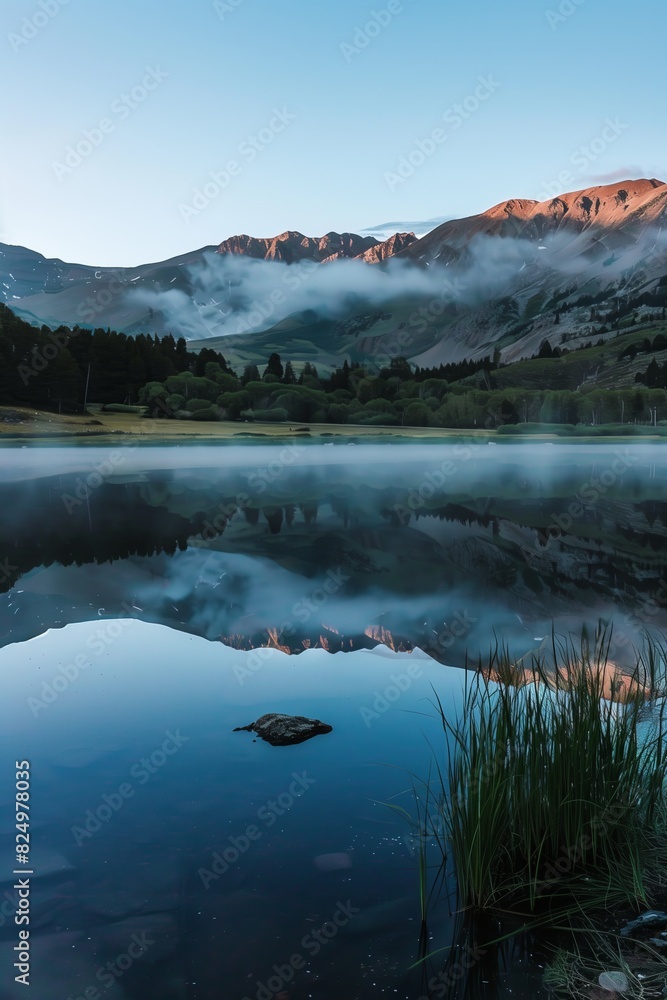 Fototapeta premium Misty Lake with Mountain Reflections at Sunrise 