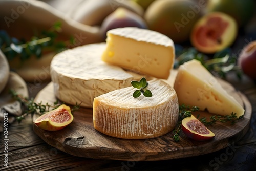 Types of French cheese on wooden board, served with herbs, figs and grapes in the background.