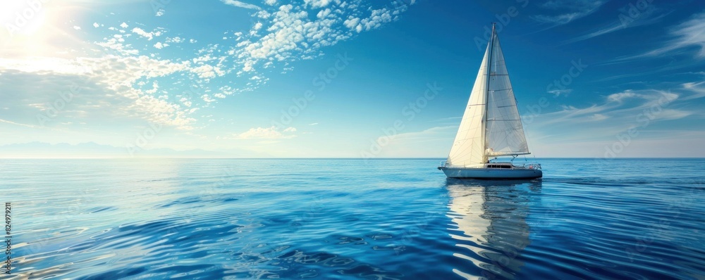 Sailboat gliding across a calm sea with a clear horizon