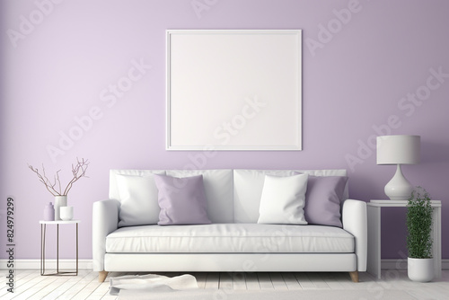 A chic and inviting space with a soft lavender accent wall  showcasing simple furniture and a blank white frame mockup.