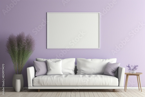 A chic and inviting space with a soft lavender accent wall  showcasing simple furniture and a blank white frame mockup.