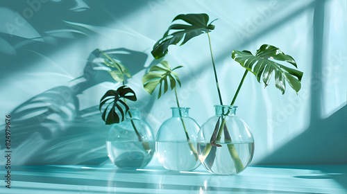 A sheet of fitters and palm trees stand in glass vases with water on a blue and lilac background, next to them are glass glasses of water for irrigation photo