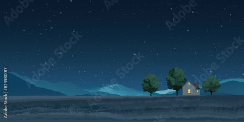 Night at rural landscape side view flat design graphic illustrated have blank space.