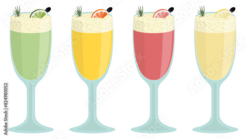 Set of cocktails in long sour glass. Lime, orange, grapefruit, lemon with rosemary and ice. For bar, party, summer, beach. 