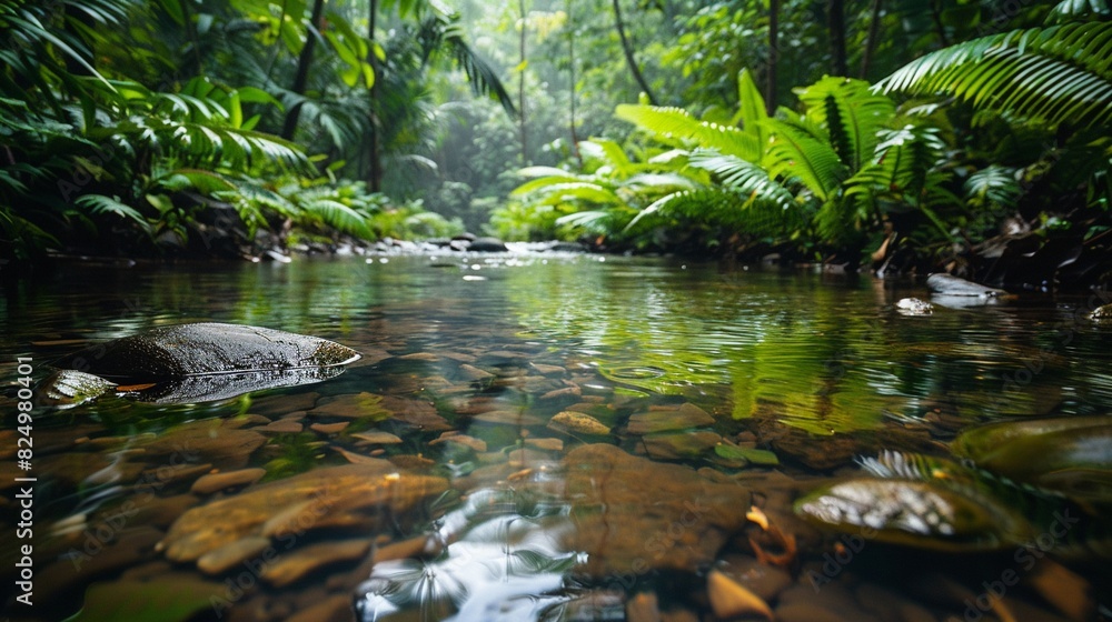 Intimate shot of a forest stream surrounded by lush vegetation, clear water reflecting greenery Intimate shot of a forest stream surrounded by lush vegetation, clear water reflecting greenery