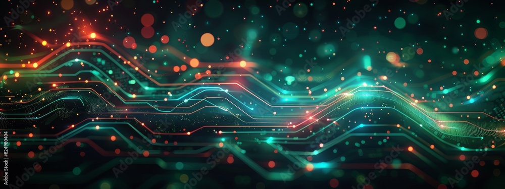 Dark illustration of a technical system with green lines connecting different flow states. Dark illustration of a technical system with green lines connecting different flow states.