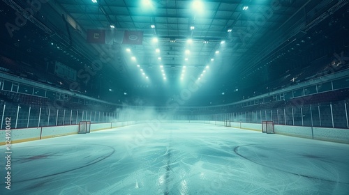 Empty goal in a lively ice hockey arena, fans cheering wildly, bright and dynamic lighting