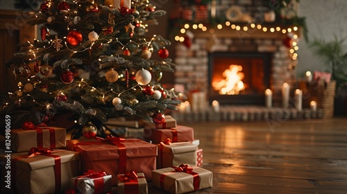 Festive Christmas tree covered in sparkling lights and baubles, fireplace burning brightly, gifts underneath