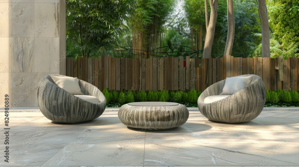 Garden furniture with two chairs and one coffee table located on the patio, with gray rattan structure. The setting includes an open space with greenery and trees. Garden furniture with two chairs and one coffee table located on the patio, with gray rattan structure. The setting includes an open space with greenery and trees.