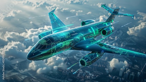 High-detail view of a delivery plane mid-air, featuring sleek blue and green tech lines, representing a cutting-edge integrated system concept