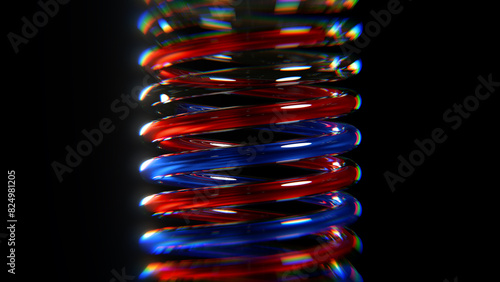 Blue and red liquid in a laboratory glass spiral. Chemical research design. 3D rendering.