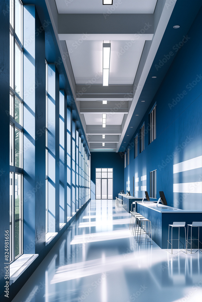 A long hallway with a blue wall and windows