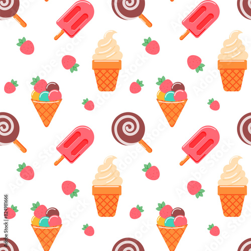 Colorful summer seamless pattern with strawberries and ice cream. Vector summer background