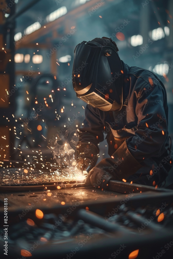 Skilled worker welding metal components in workshop, sparks flying