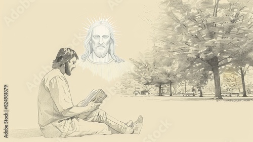A Person Reading the Bible at Dawn, with Jesus's Presence Felt in the Early Morning Light, Biblical Illustration of Devotion
