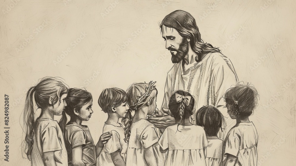 Obraz premium Jesus Blessing a Group of Children, Representing Innocence and Love, Biblical Illustration of Divine Affection