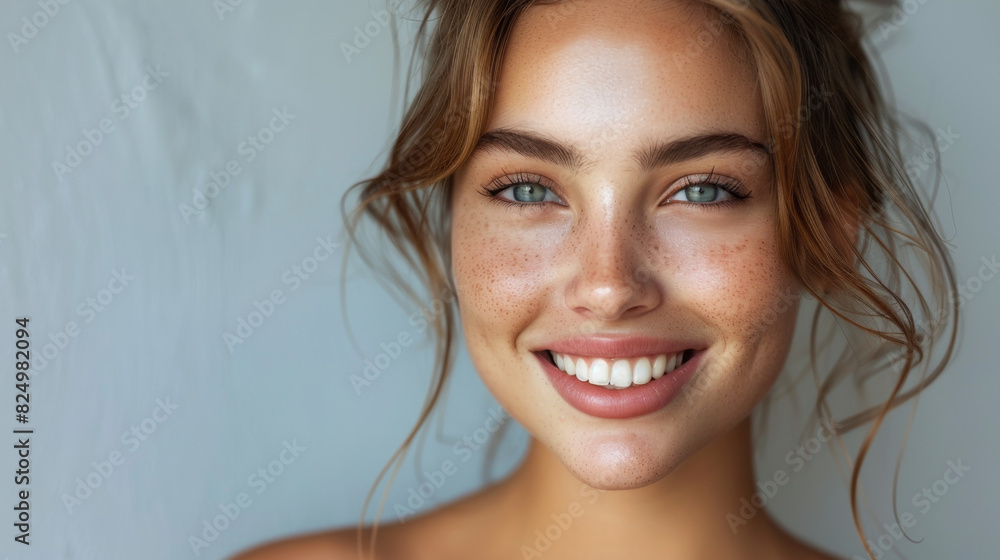Bright smile young woman with natural makeup against grey background. Bright smile young woman with natural makeup against grey background.