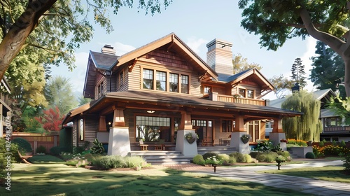 Depict a serene craftsman residence with a covered veranda and dormer windows  perfectly integrated into a peaceful neighborhood setting