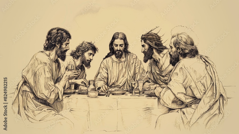 Obraz premium Biblical Illustration of the Last Supper, Capturing the Moment of Communion and Fellowship