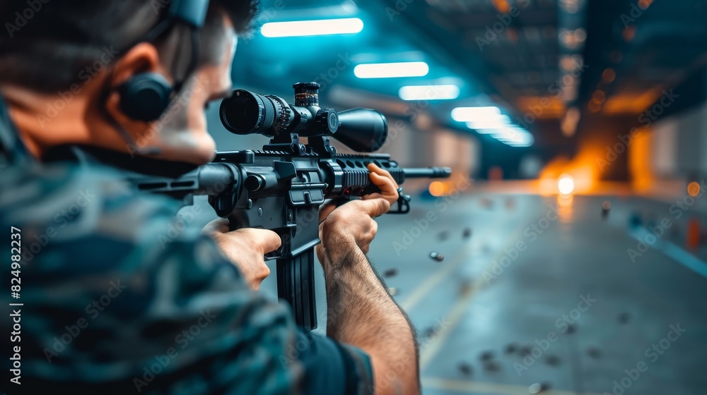 Competitive shooter adjusting ear protection on firing line at summer olympic games Competitive shooter adjusting ear protection on firing line at summer olympic games