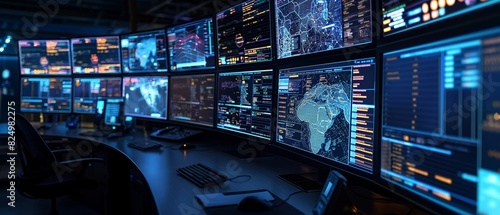 A network operations center illuminated by the glow of multiple screens, showcasing AI algorithms at work detecting and mitigating potential IT incidents in real time. photo