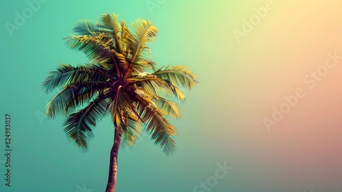 Design a vector illustration of a coconut tree on a gradient background  with colors transitioning from lush green to turquoise