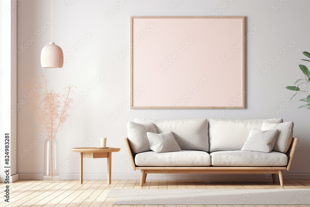 A chic Scandinavian-style living room in bright pastel tones, with simple wooden furniture and a blank white frame mockup on the wall. A chic Scandinavian-style living room in bright pastel tones, with simple wooden furniture and a blank white frame mockup on the wall.