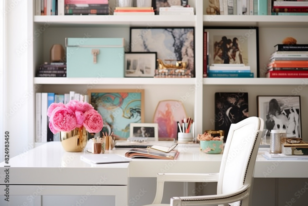 A chic white desk space highlighted by a simple, light-colored chair, complemented by floating shelves showcasing an array of colorful books and artistic accents. A chic white desk space highlighted by a simple, light-colored chair, complemented by floating shelves showcasing an array of colorful books and artistic accents.