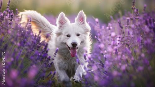 A fluffy white dog bounds through a field of lavender, tongue lolling out in a joyous grin, its tail wagging a blur against the purple blooms. photo