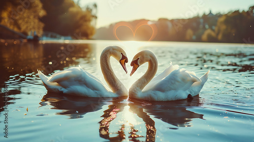 Two white swans are playing in the lake, they make the shape of a heart. Generative AI illustration photo