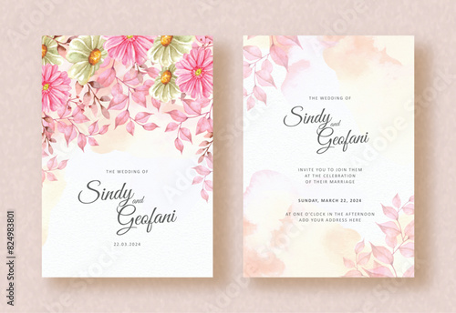 hand painting of pink flowers and leaves watercolor on wedding invitation background