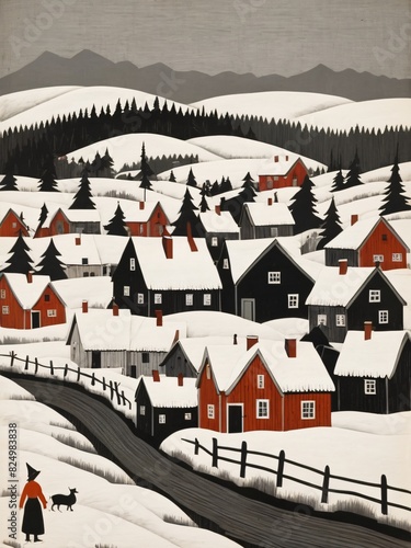 Minimalist scandinavian village painting generative AI illustration 