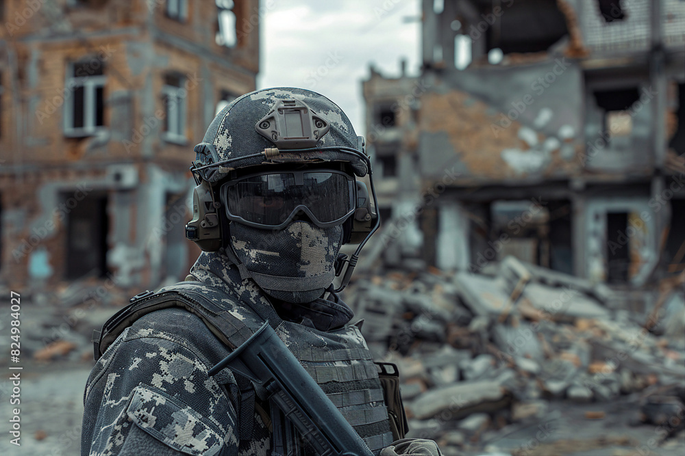 Portrait of a soldier with a weapon during a military operation made with generative AI Portrait of a soldier with a weapon during a military operation made with generative AI