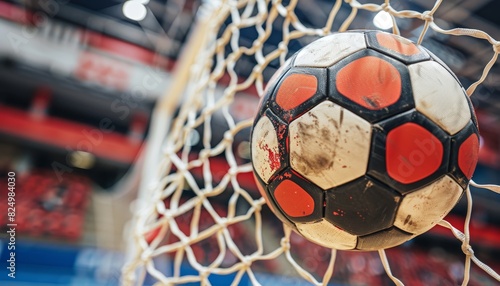Dynamic moment in handball  ball strikes net in goal celebration at summer olympics