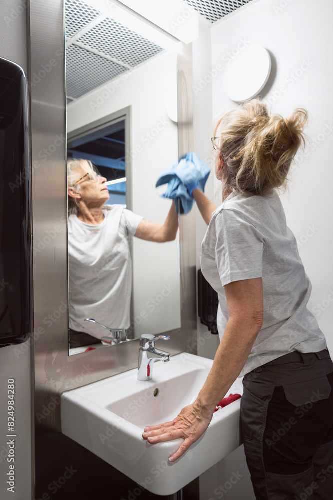 Mature female janitor cleaning mirror over sink in bathroom Mature female janitor cleaning mirror over sink in bathroom