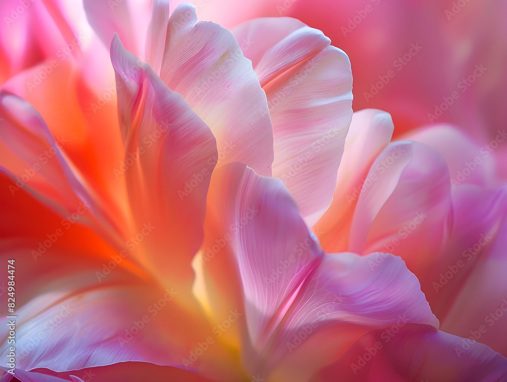 Stunning Close-Up of Vibrant Peony or Tulip Petals with Intricate Layering and Delicate Texture in Pink, Purple, and Orange Hues Highlighted by Soft Diffused Light for Nature, Floral Art