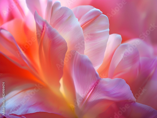Stunning Close-Up of Vibrant Peony or Tulip Petals with Intricate Layering and Delicate Texture in Pink  Purple  and Orange Hues Highlighted by Soft Diffused Light for Nature  Floral Art