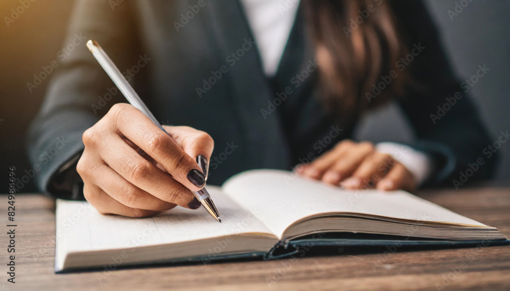 woman's hand writing on book, warm dark background, symbolizing focus, learning, and business strategy woman's hand writing on book, warm dark background, symbolizing focus, learning, and business strategy