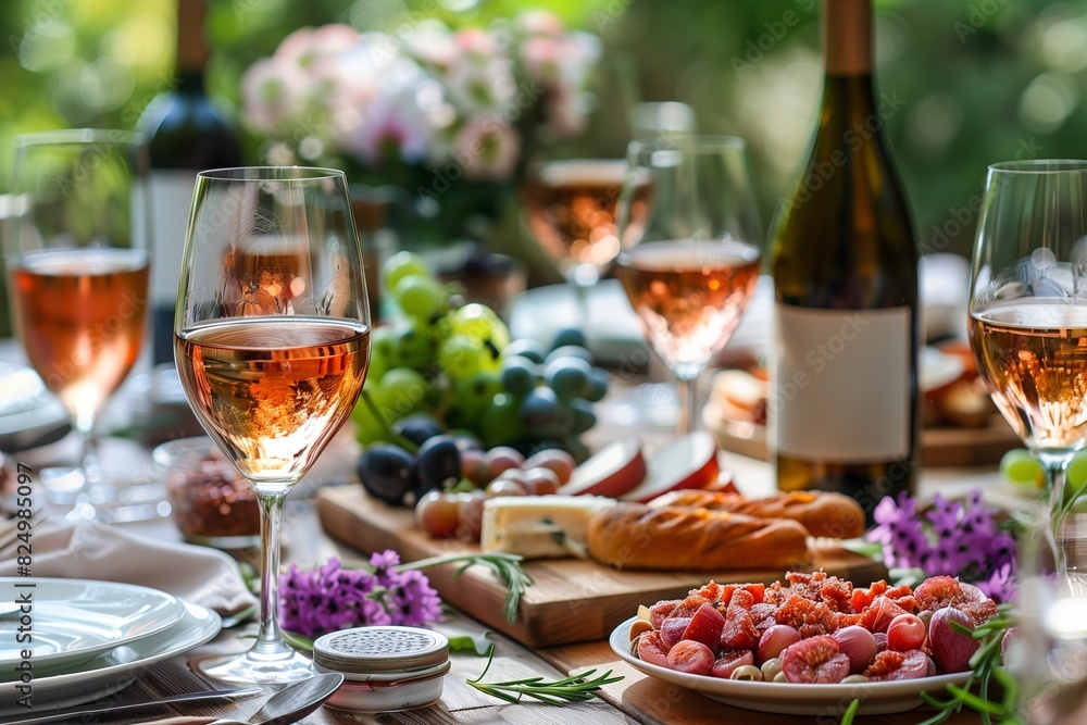 Food and wine for picnic party in summer time backyard garden 