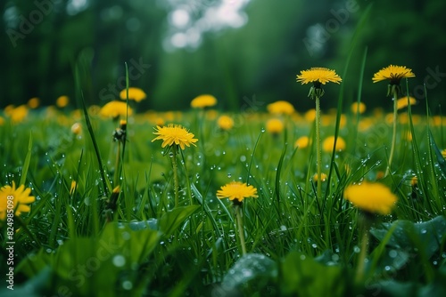 Closeup of field with grass and yellow dandelion flowers 