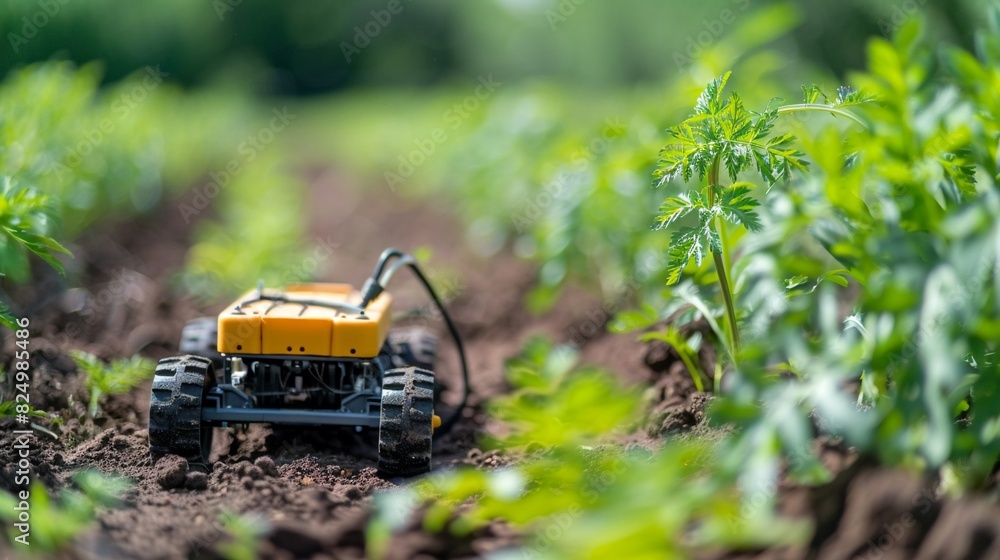 Small robot weeding between rows of carrots, efficient and precise agricultural technology Small robot weeding between rows of carrots, efficient and precise agricultural technology
