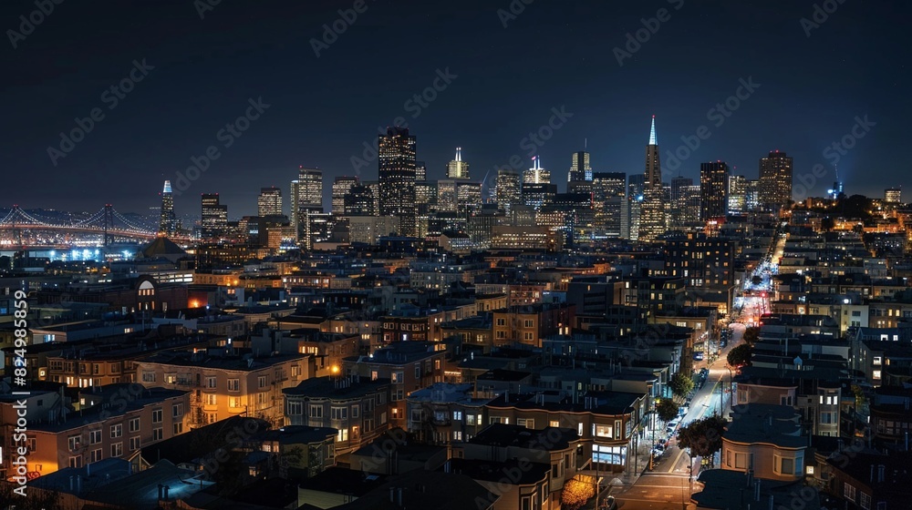 Fototapeta premium Panoramic view, modern city skyline at night from rooftop, skyscrapers illuminated, isolated background, studio lighting