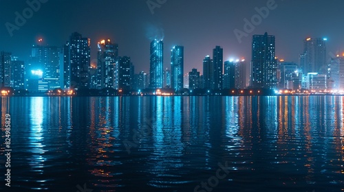 Panoramic view, modern city skyline at night from rooftop, skyscrapers illuminated, isolated background, studio lighting