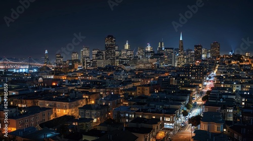 Panoramic view, modern city skyline at night from rooftop, skyscrapers illuminated, isolated background, studio lighting