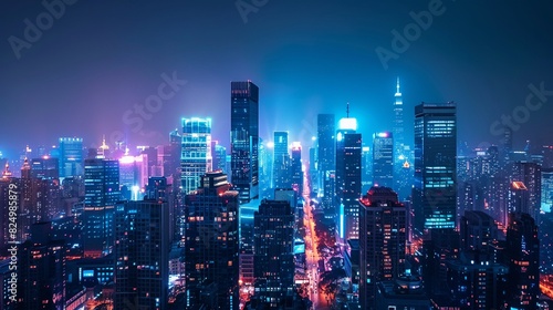 Panoramic view  modern city skyline at night from rooftop  skyscrapers illuminated  isolated background  studio lighting