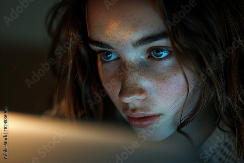 Generative AI illustration happy homey sleepy person lying in bed browsing laptop smartphone lazy morning evening