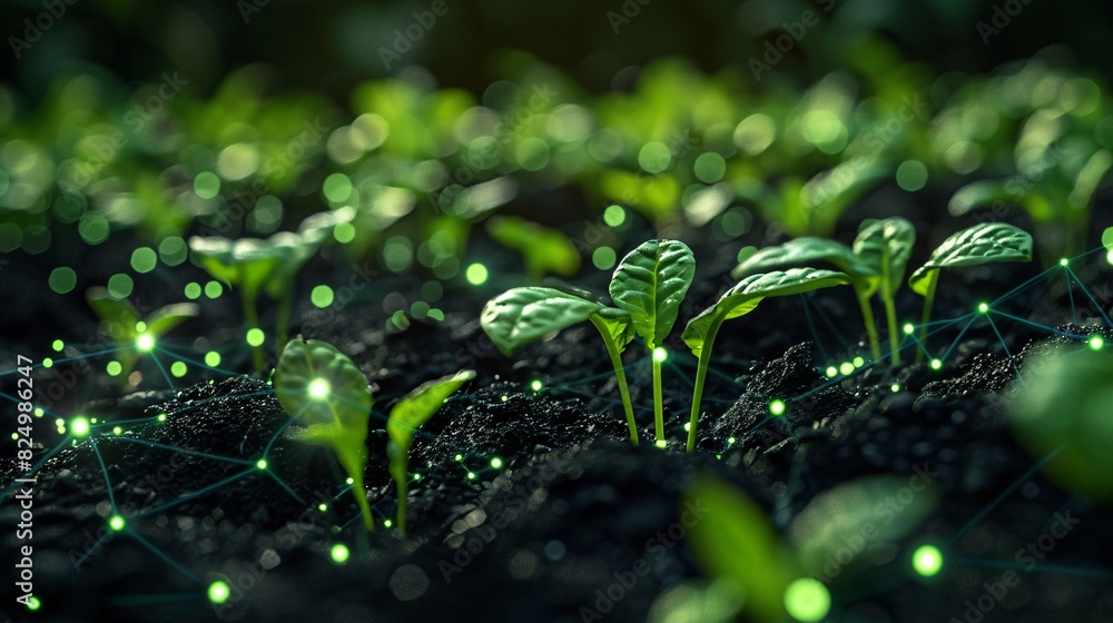 Young green plant sprouts emerging from rich soil, illuminated by glowing connections, symbolizing growth and sustainable technology. Young green plant sprouts emerging from rich soil, illuminated by glowing connections, symbolizing growth and sustainable technology.