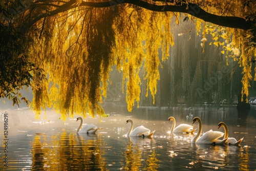 Swans' Graceful Forms Gliding on the Lake's Surface with Sunlight Dancing on Water, Under the Wilow Tree Capturing Tranquil Beauty photo