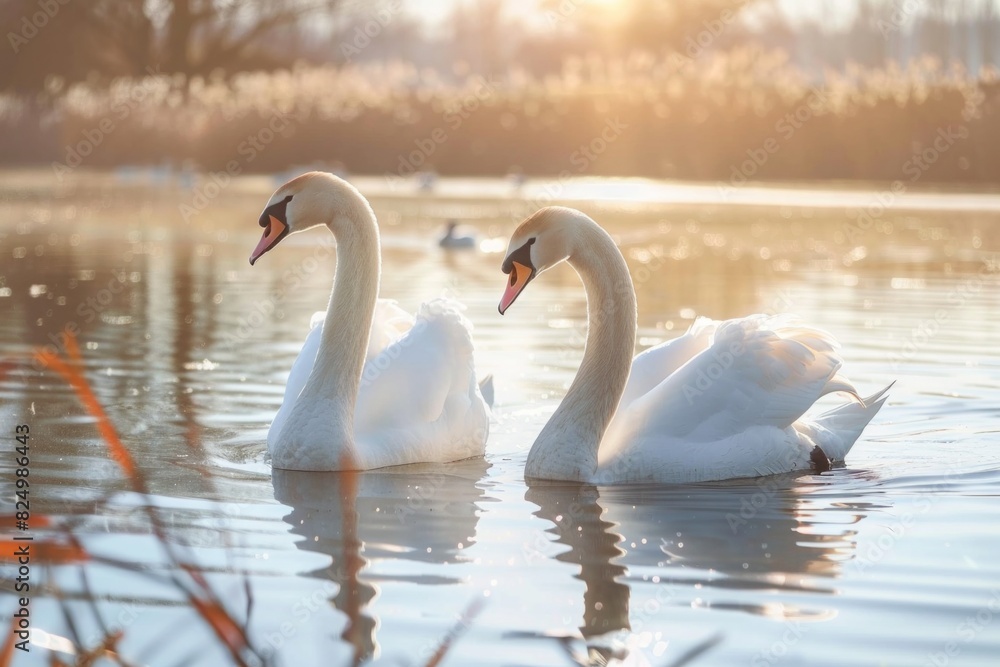 Serene Scene of Two Graceful Swans Gliding Across Sunlit Lake Water, Capturing the Essence of Natural Elegance Serene Scene of Two Graceful Swans Gliding Across Sunlit Lake Water, Capturing the Essence of Natural Elegance