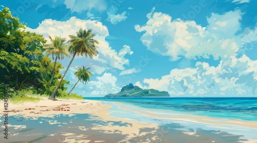 A painting featuring a sandy beach lined with palm trees and an island in the distance. The ocean is depicted with waves crashing against the shore  capturing a tropical scene